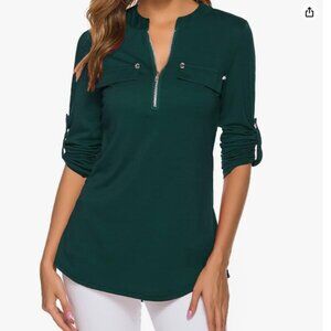 LuckyMore V-Neck Zip Blouse, Dark Green